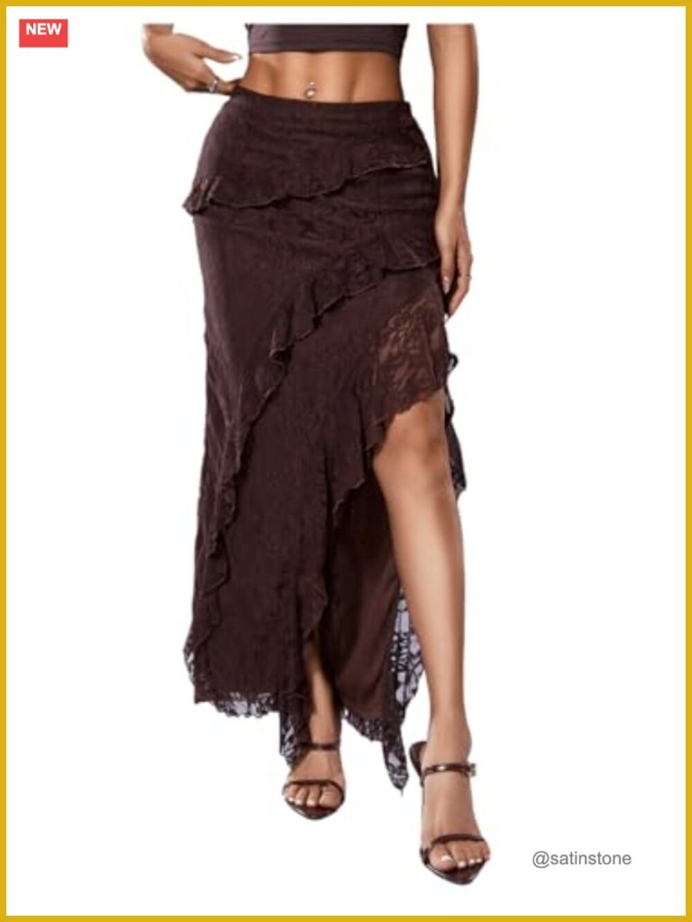 Women's Lace Ruffle Trim Maxi Skirt High Waisted Split Hem Asymmetrical